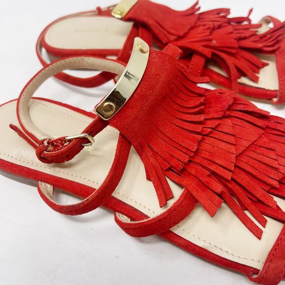 Marc Fisher 6 Red Suede Leather Charm Tiered Fringe Strappy Sandals Flat Ankle - Picture 4 of 10